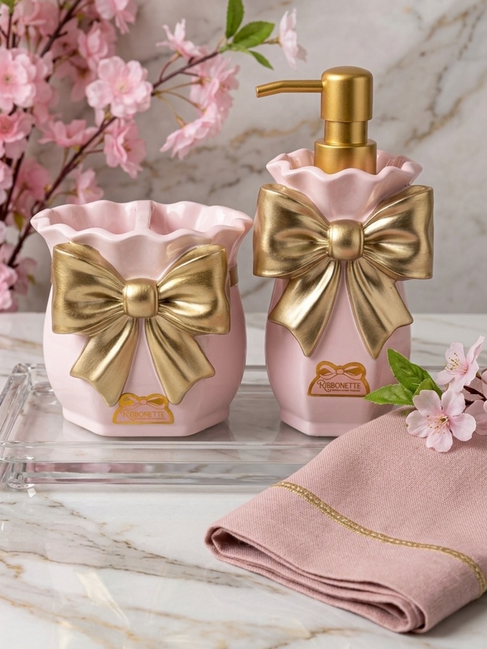 Pink & Gold Bow Bathroom Accessory Set - Brand: Unknown